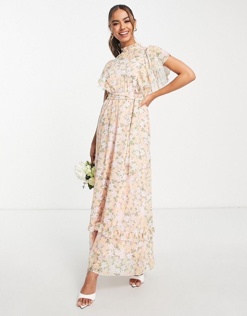 Розовое платье макси Blume Bridal из шифона с цветочным принтом и оборками Blume Bridal
