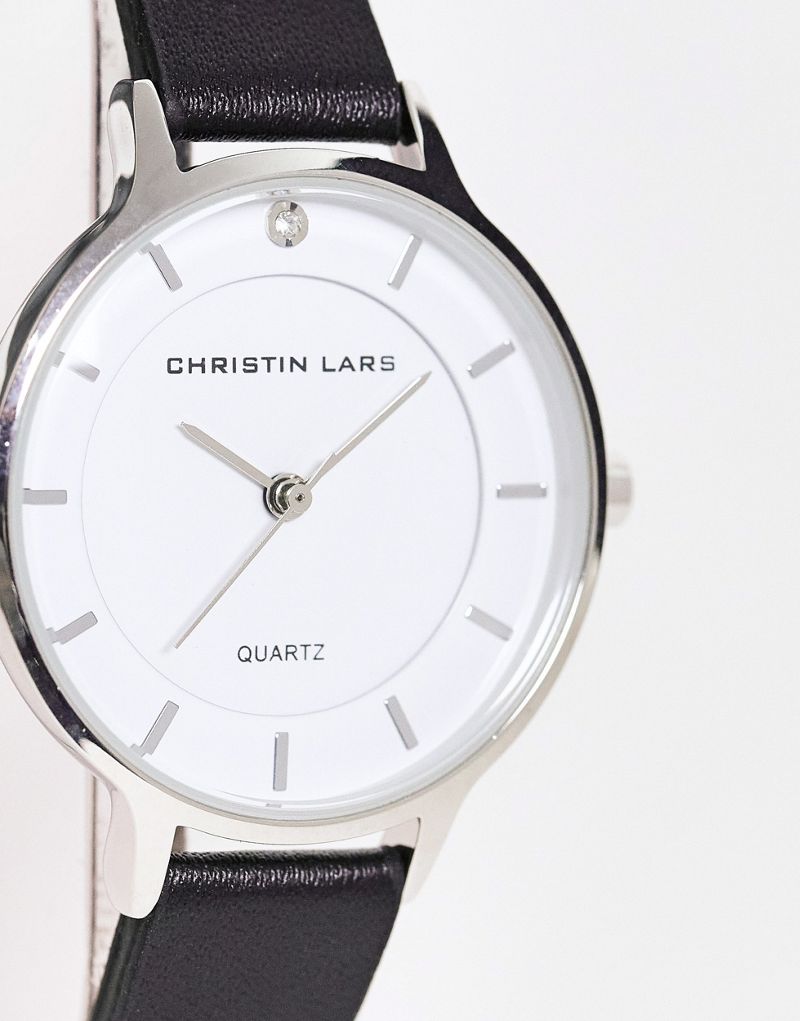 Черные узкие часы Christian Lars с кожаным ремешком и белым циферблатом Christin Lars