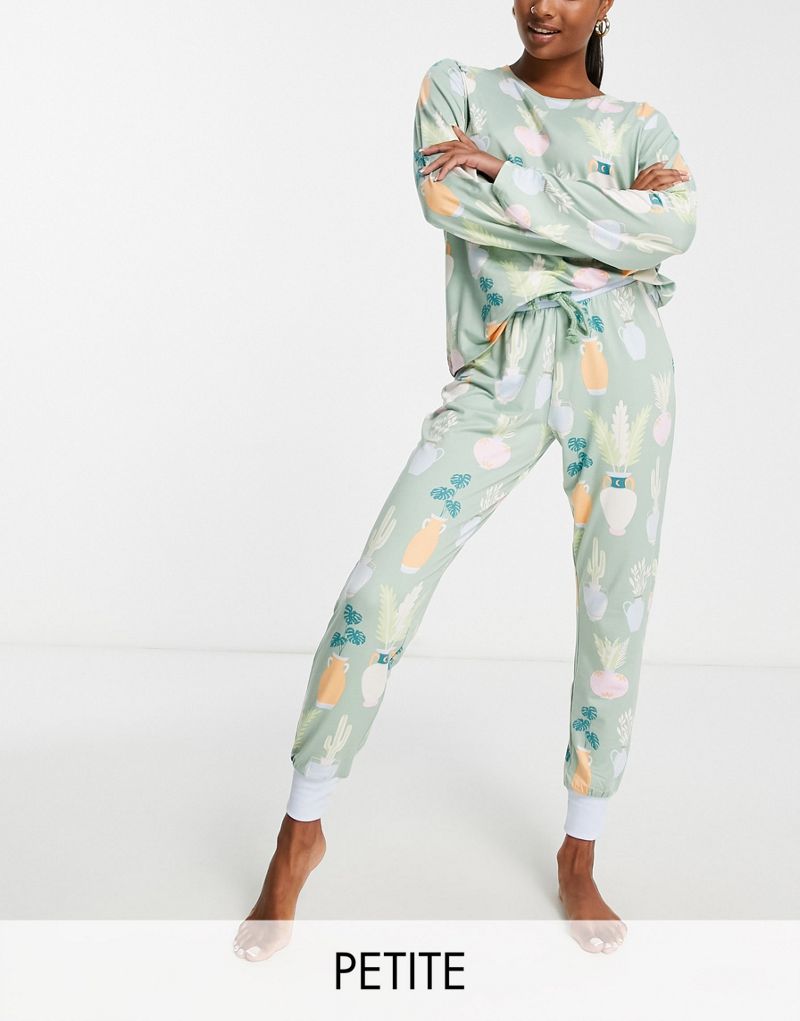 Пижамный комплект с длинными рукавами и спортивными штанами Chelsea Peers Petite с принтом шалфея Chelsea Peers Petite