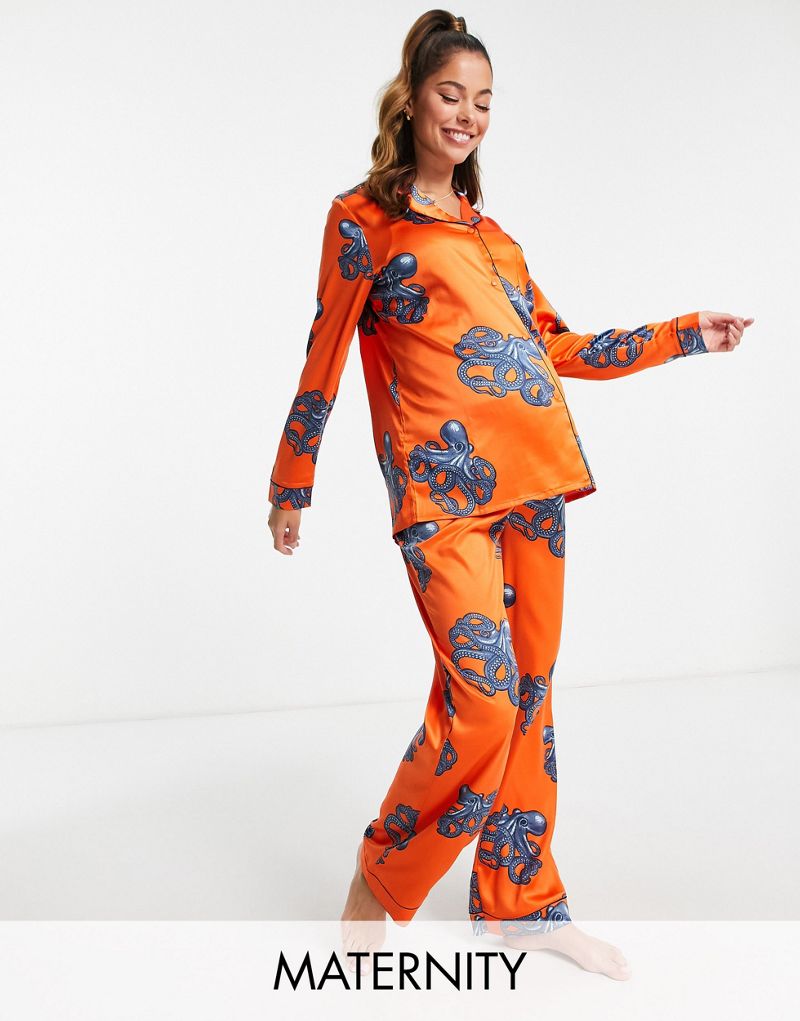 Атласный пижамный комплект премиум-класса Chelsea Peers с принтом осьминога и топом Revere для беременных Chelsea Peers