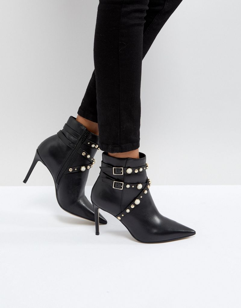 Женские Ботинки Carvela Granite Pearl Buckle Leather Heeled Ankle Boots Carvela