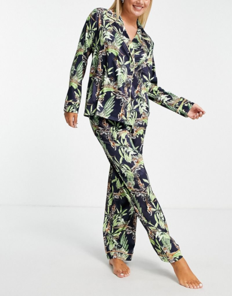 Пижамный комплект премиум-класса с атласным двубортным топом и брюками Chelsea Peers темно-синего цвета с принтом джунглей Chelsea Peers