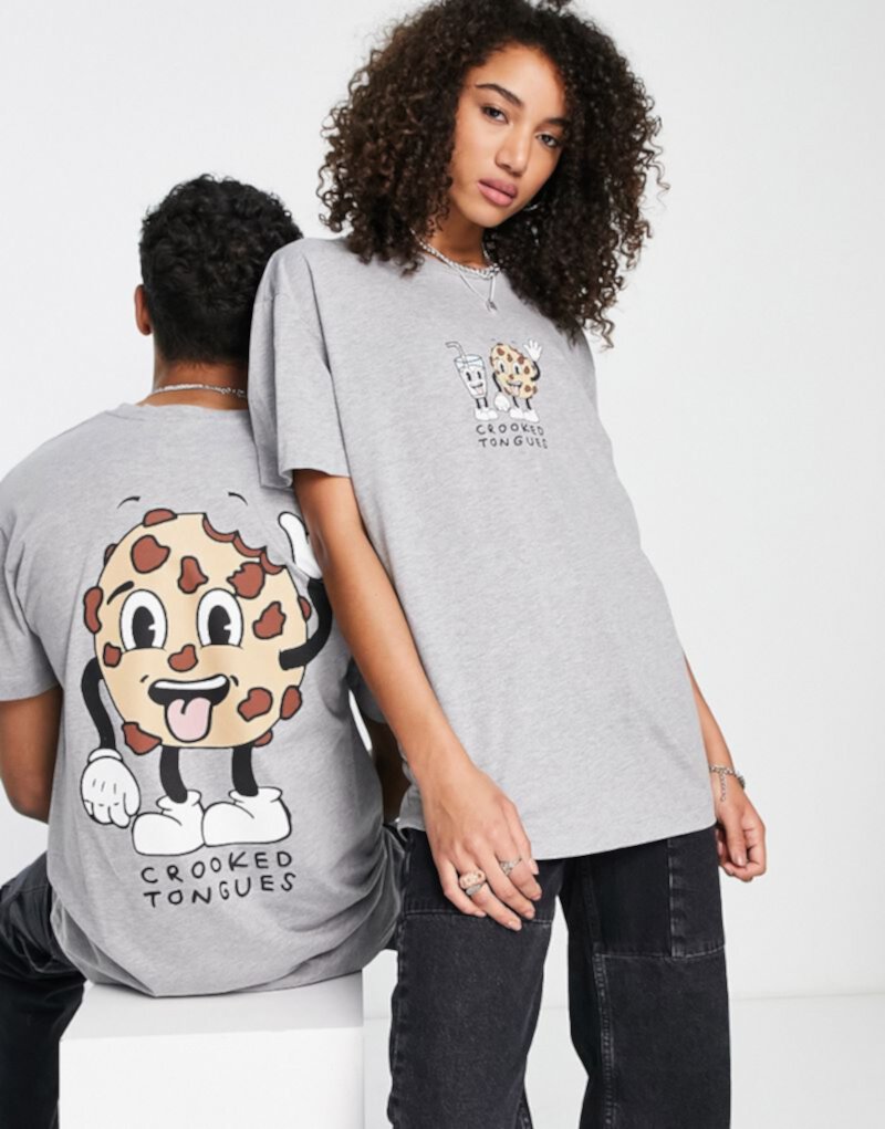 Серая футболка унисекс Crooked Tongues с графическим принтом печенья и логотипом на спине Crooked Tongues