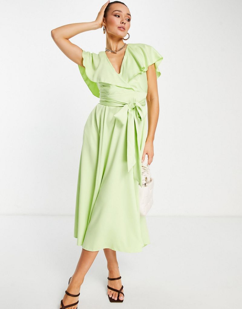Светло-зеленое платье миди с присборенными рукавами и рукавами-крылышками Closet London Closet London