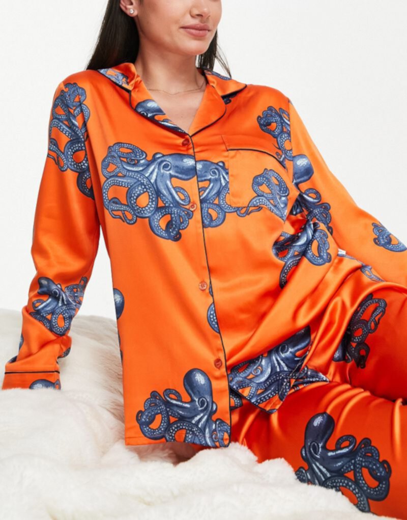 Пижамный комплект из премиального атласного топа и брюк Chelsea Peers с оранжевым принтом в виде осьминога Chelsea Peers