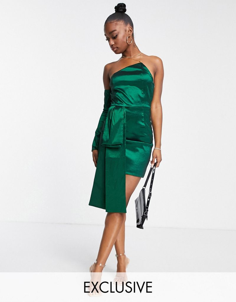 Изумрудно-зеленое эксклюзивное платье мини на одно плечо с бантом Collective the Label Collective The Label