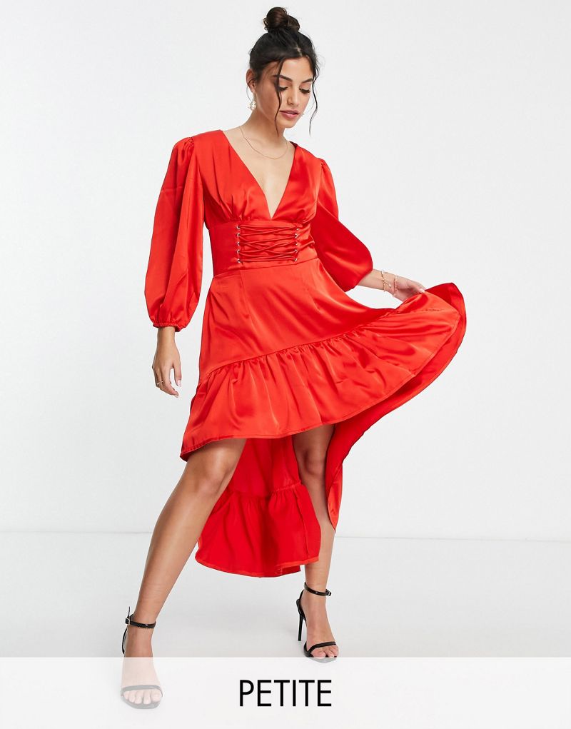 Эксклюзивное красное платье миди с объемными рукавами и высоким вырезом Collective The Label Petite Collective The Label
