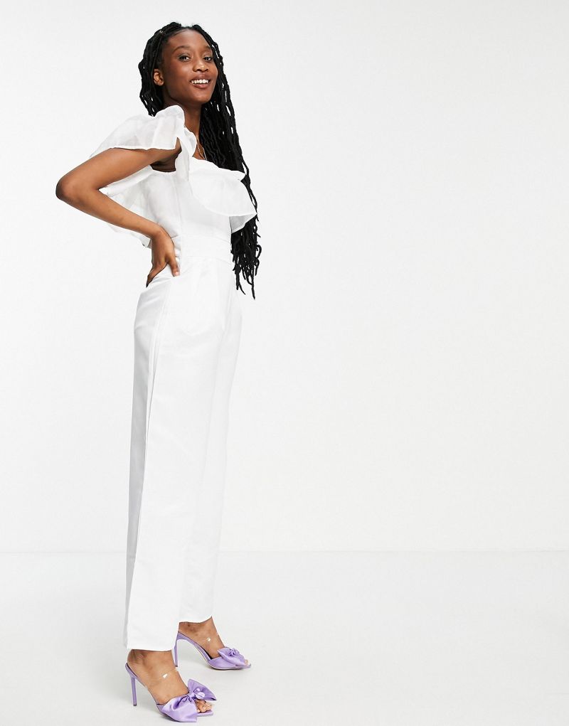 Collective the Label double frill cropped wide leg jumpsuit in white Collective The Label