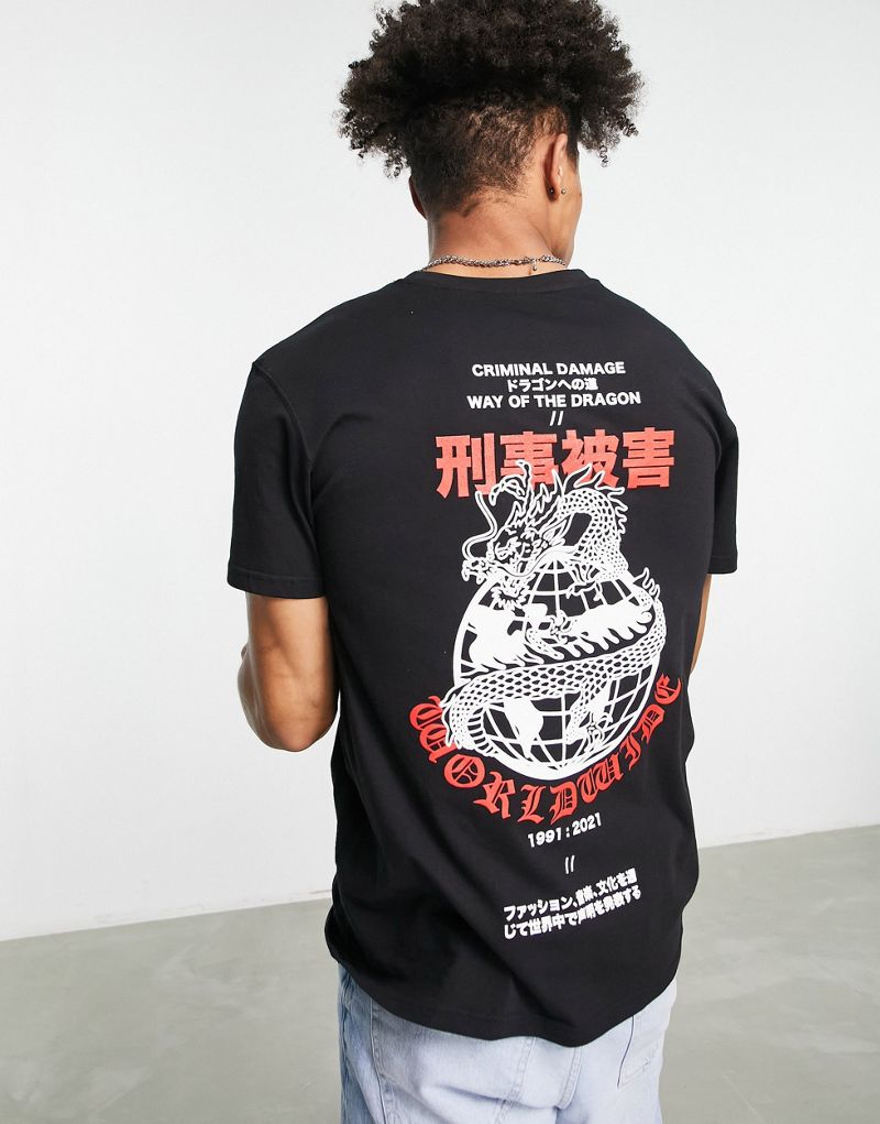 Черная футболка с принтом дракона на спине преступника Damage Criminal Damage