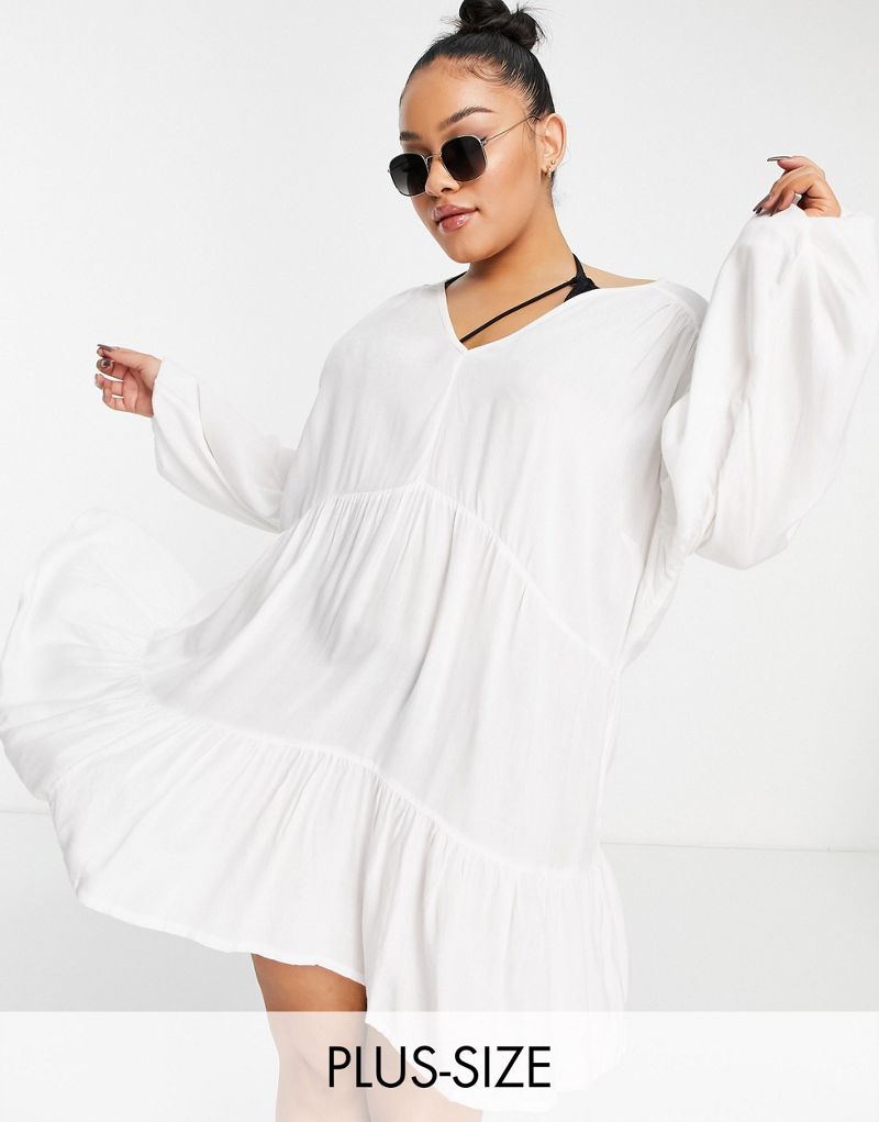 Ярусное мини-платье мини с длинным рукавом Esmee Plus Exclusive белого цвета Esmee Curve
