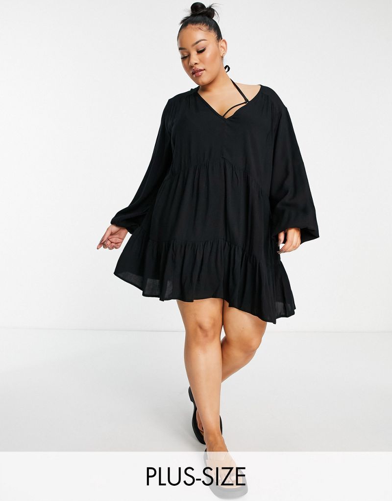 Ярусное мини-платье мини с длинными рукавами Esmee Plus Exclusive черного цвета Esmee Curve