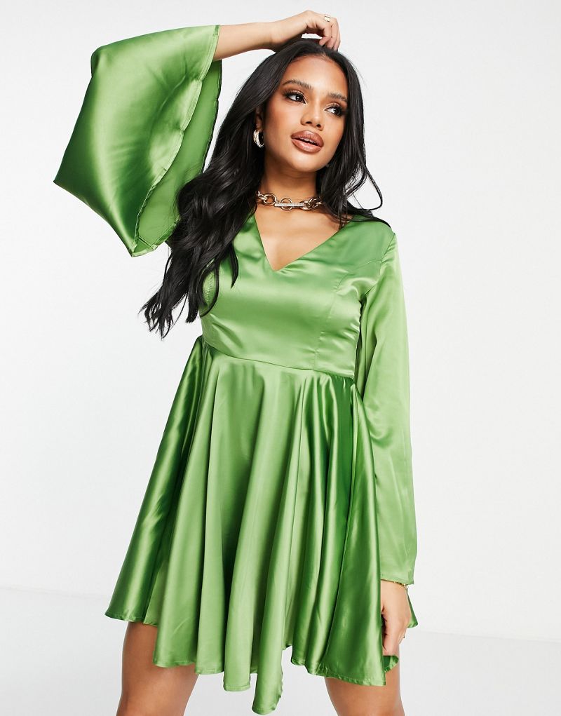 Эксклюзивное зеленое атласное платье с пышной юбкой Ei8th Hour с рукавами-фонариками EI8TH HOUR