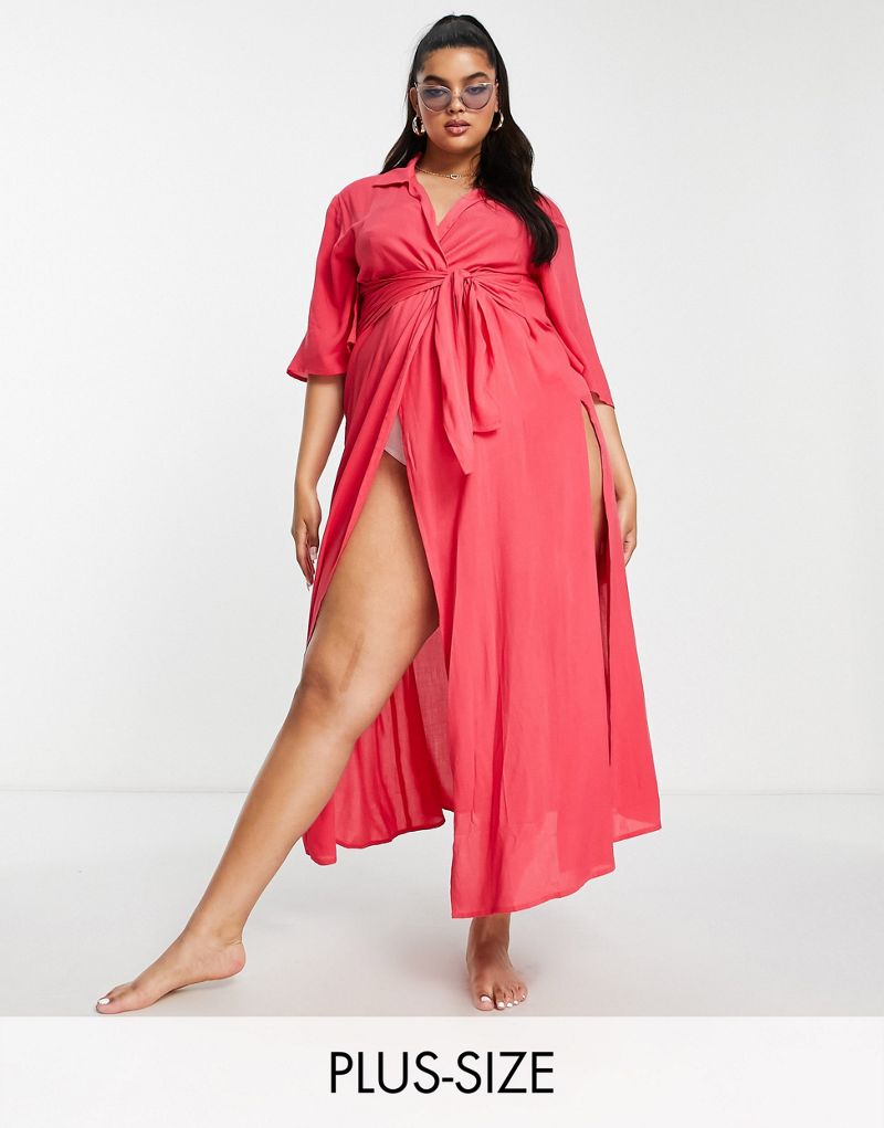 Пляжное платье миди розового лимонада Esmee Plus Exclusive с запахом спереди Esmee Curve