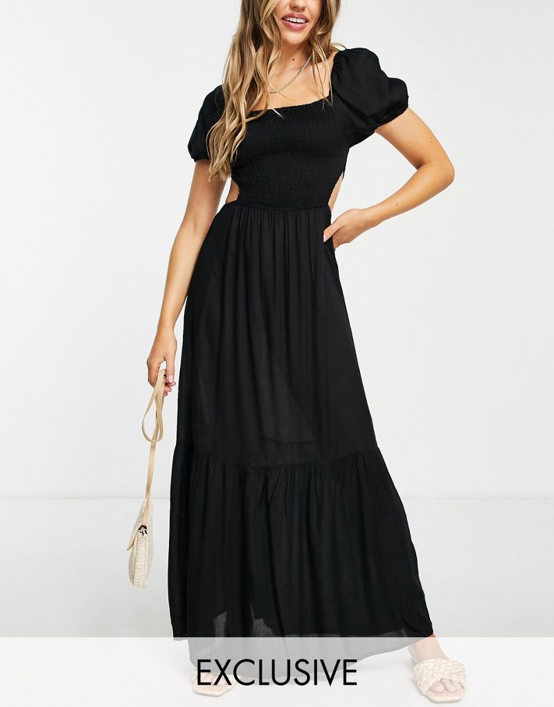 Эксклюзивное черное пляжное летнее платье с объемными рукавами и шеррингами Esmee Esmée