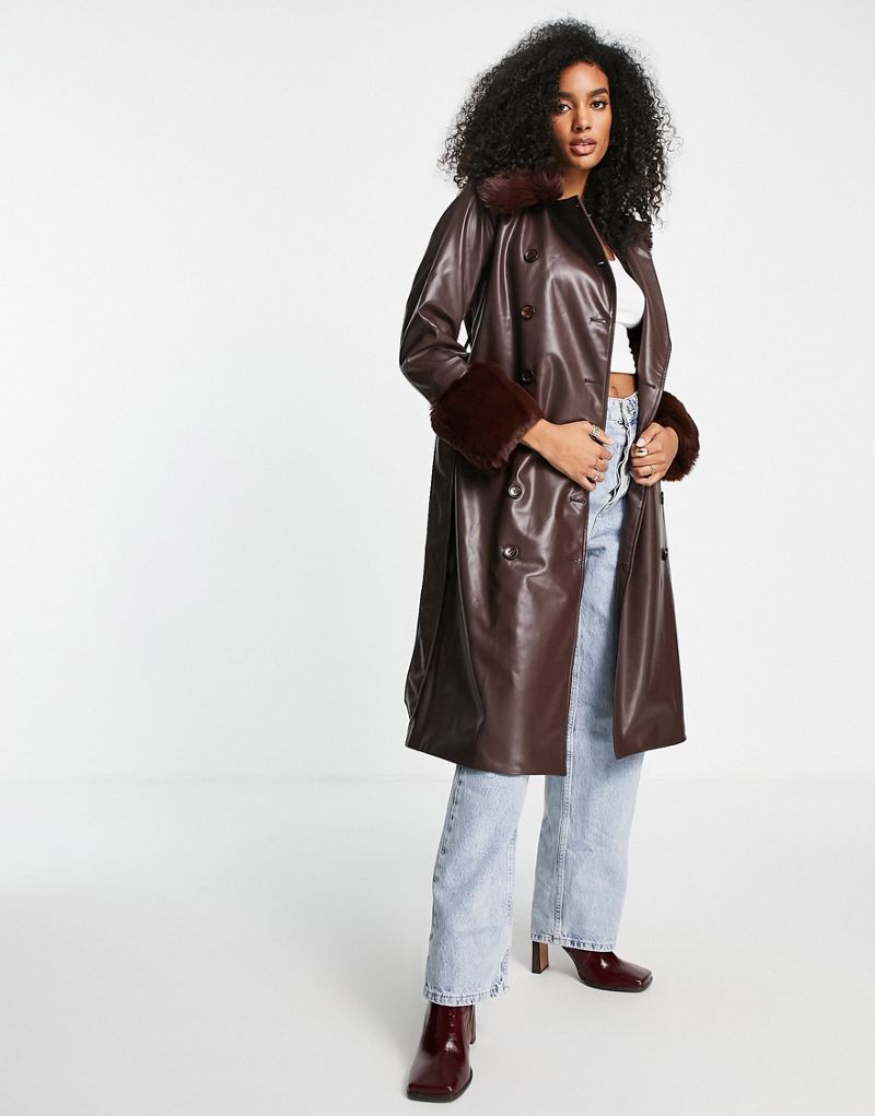 Удлиненное пальто Fashion Union из искусственной кожи с контрастным воротником и манжетами Fashion Union