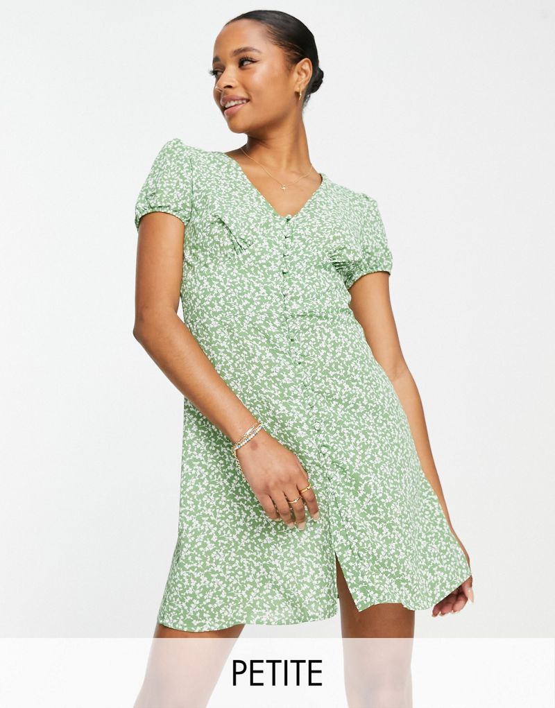 Glamorous Petite mini button front tea dress in green spring floral Glamorous Petite