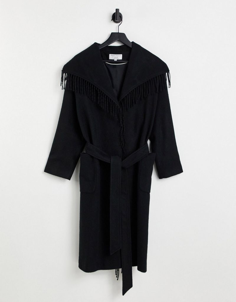 Черное пальто с запахом из смесовой шерсти с бахромой Helene Berman Helene Berman