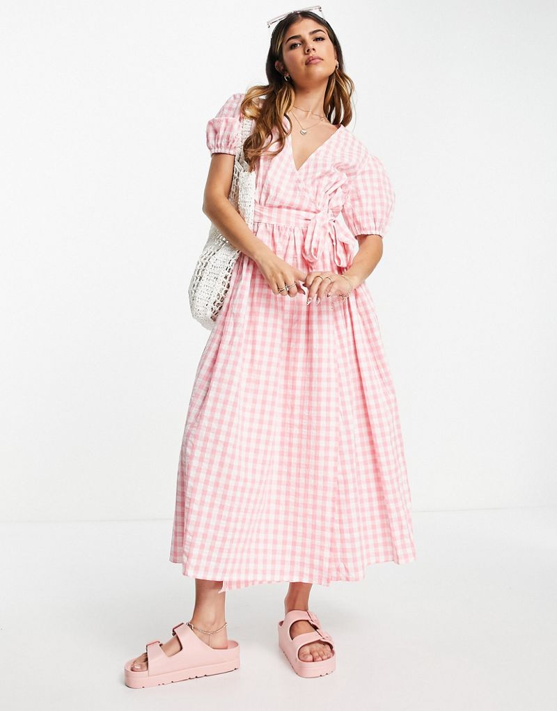Influence puff sleeve wrap front midi dress in pink gingham Influence