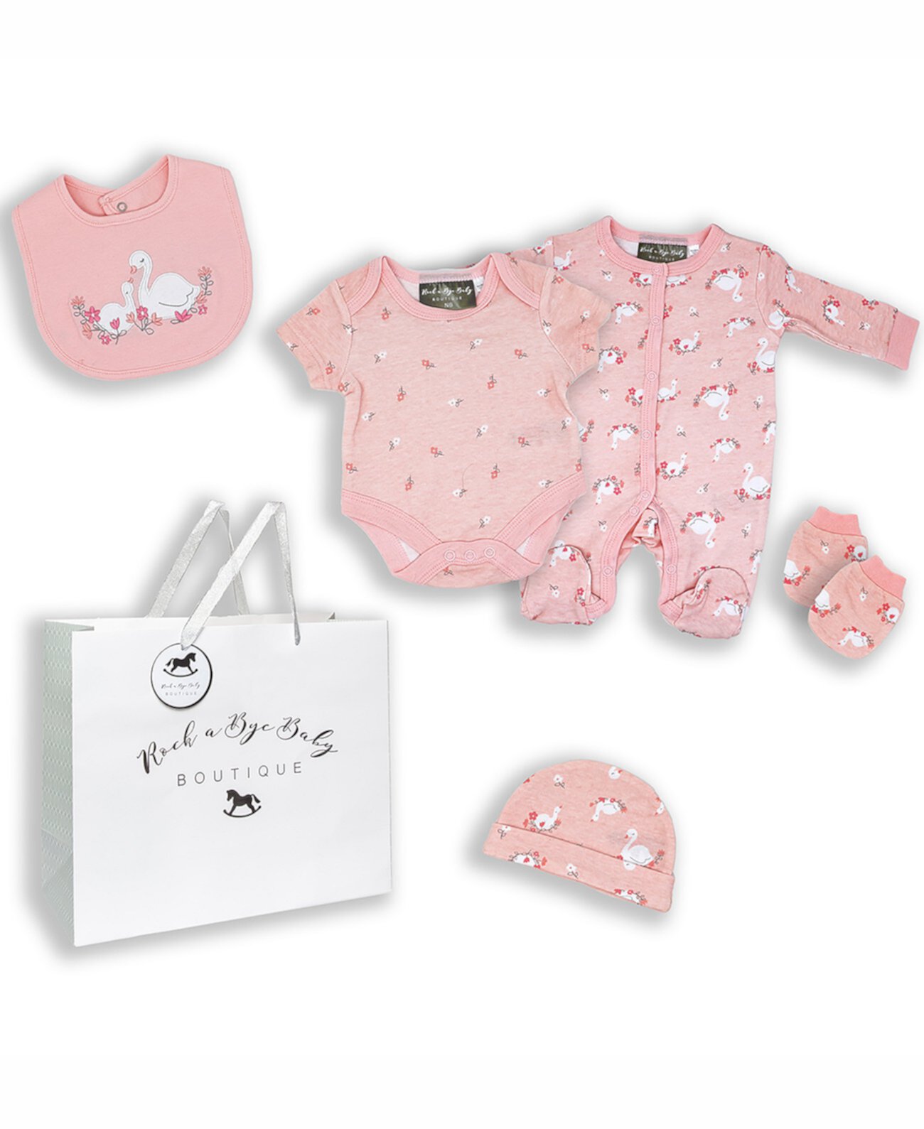 Baby Girls Lovely Swan Layette Gift в сетчатом мешке, набор из 5 предметов Rock-A-Bye Baby Boutique
