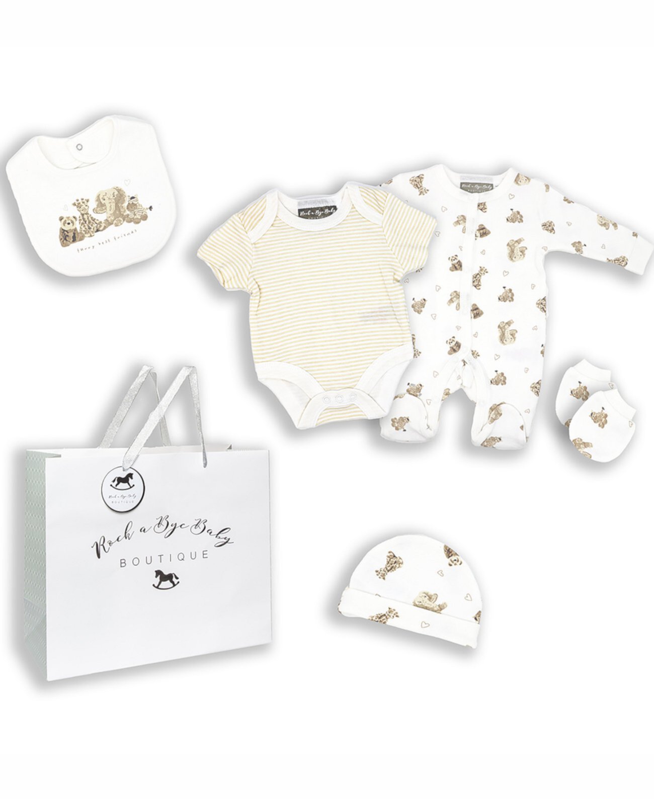 Подарок для новорожденных мальчиков и девочек Furry Besties Layette в сетчатой сумке, набор из 5 предметов Rock-A-Bye Baby Boutique