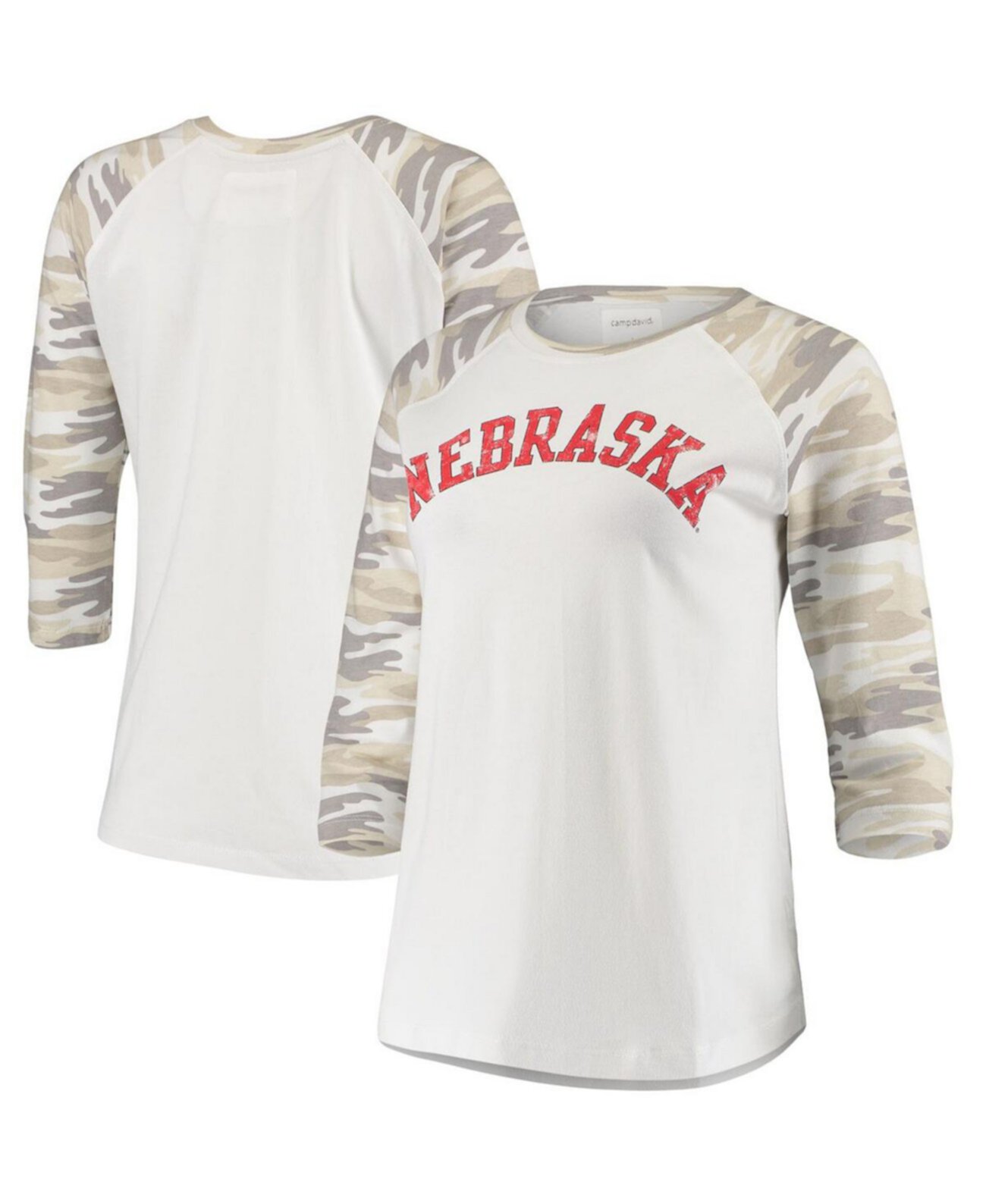 Женская бело-камуфляжная футболка Nebraska Huskers Boyfriend Baseball Raglan с рукавом 3/4 Camp David