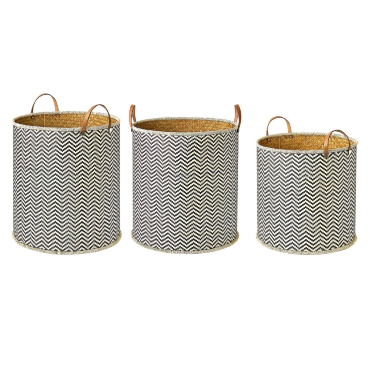 Saddle River Faux Leather Handle Round Checker Palm Leaf Basket 3-piece Set Saddle River