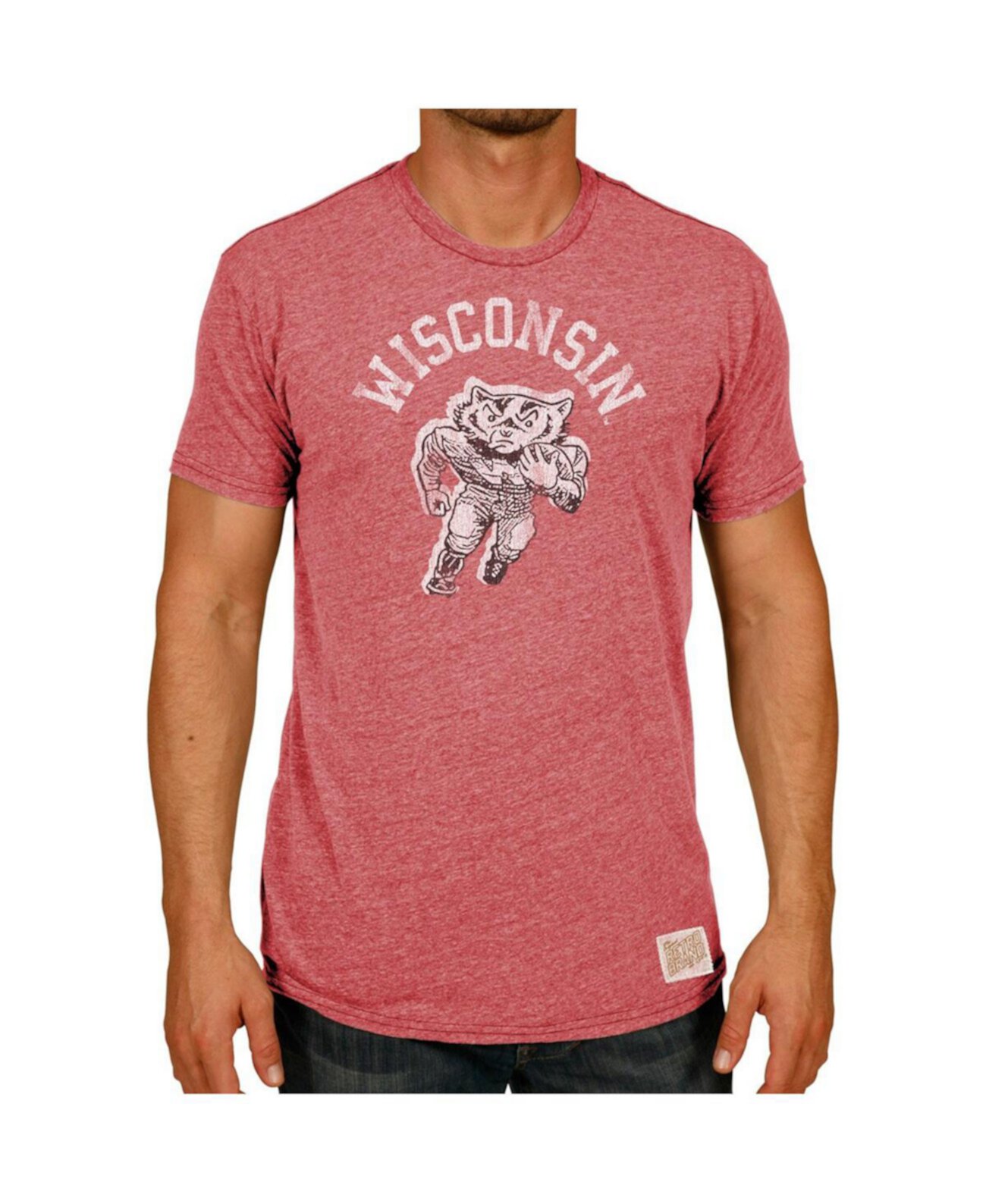 Men's Heather Red Wisconsin Badgers Vintage-Like Football Bucky Tri-Blend T-shirt Original Retro Brand