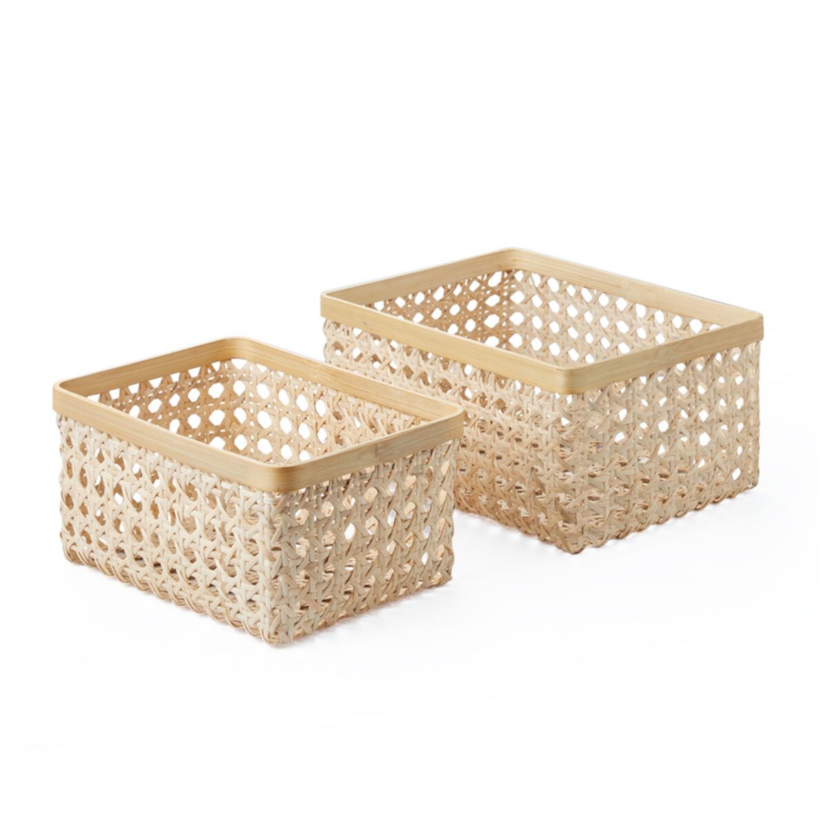 Saddle River Rectangular Natural Open Weave Cane Bamboo Rim Storage Bin 2-piece Set Saddle River