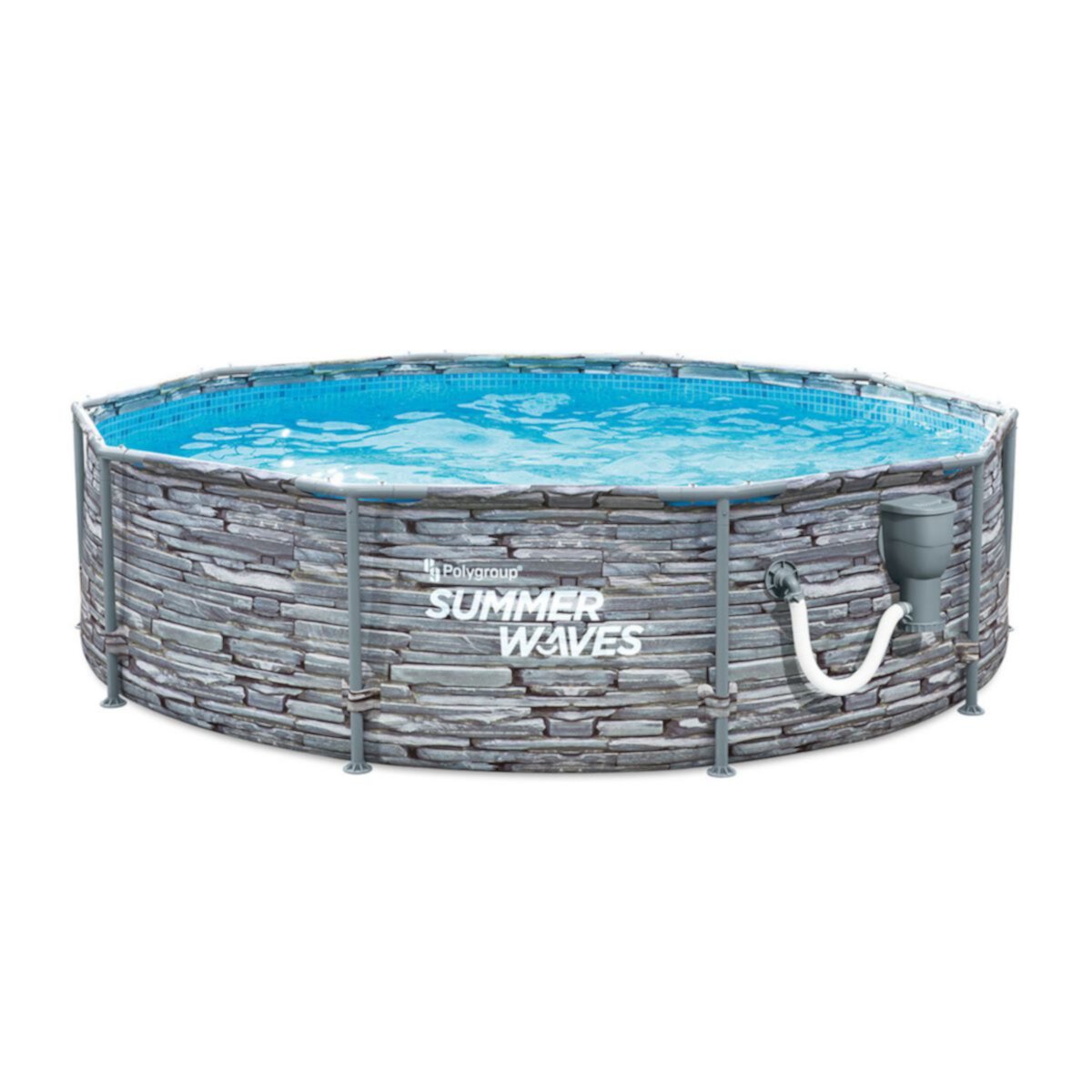 Summer Waves Active 8 Foot Stone Slate Print Metal Frame Above Ground Pool Set Summer Waves