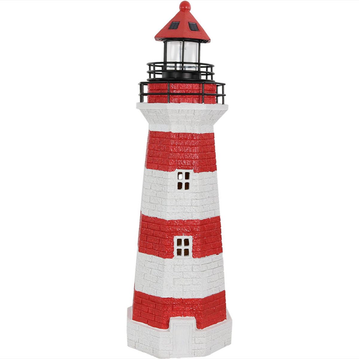 Sunnydaze 36 in Resin and Metal Red Striped Solar LED Lighthouse Statue Sunnydaze Decor