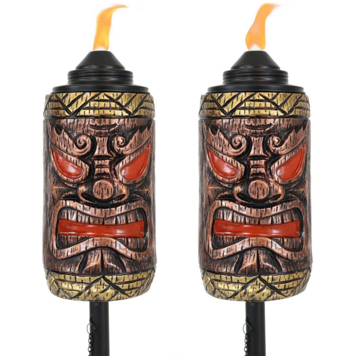 Sunnydaze Resin/Metal 3-in-1 Tiki Face Outdoor Lawn Torch - Set of 2 Sunnydaze Decor