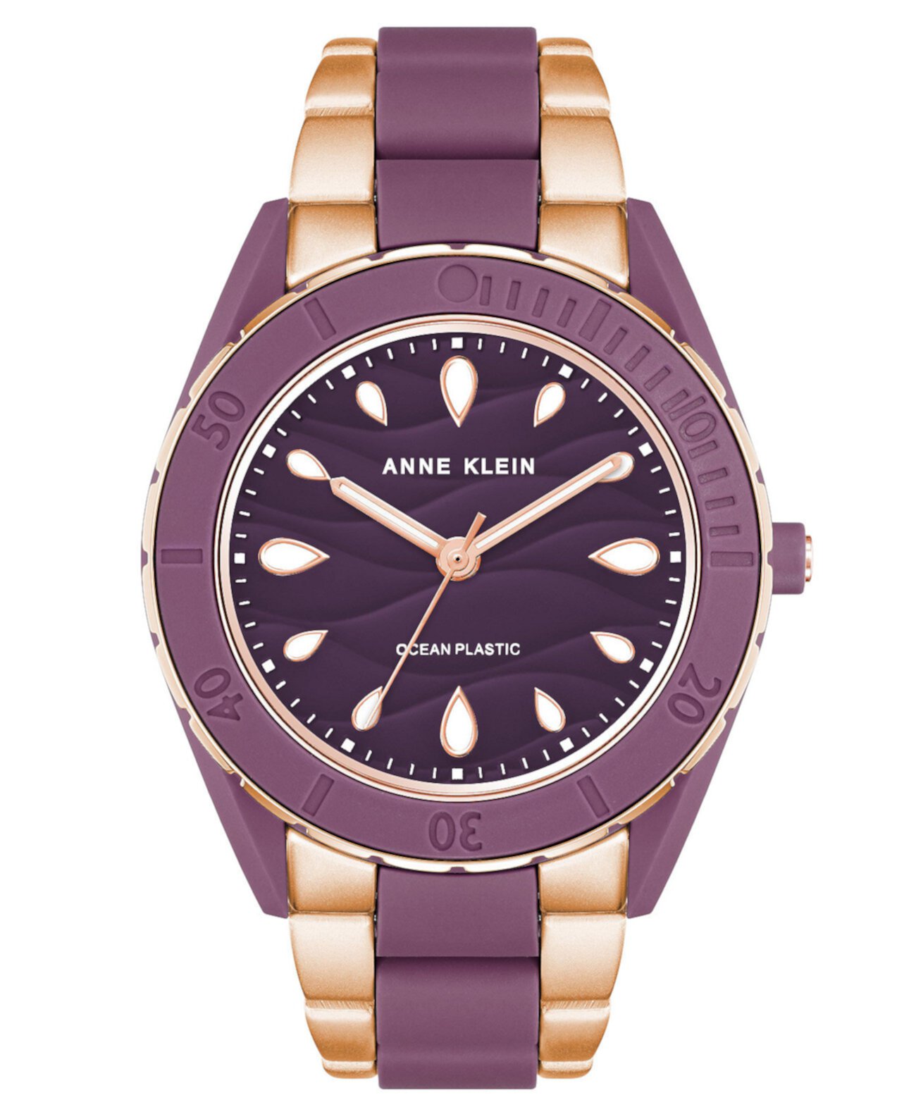 Женские кварцевые часы с тремя стрелками с пластиковым браслетом цвета розового золота и фиолетового цвета на солнечных батареях Oceanwork, 38,5 мм Anne Klein