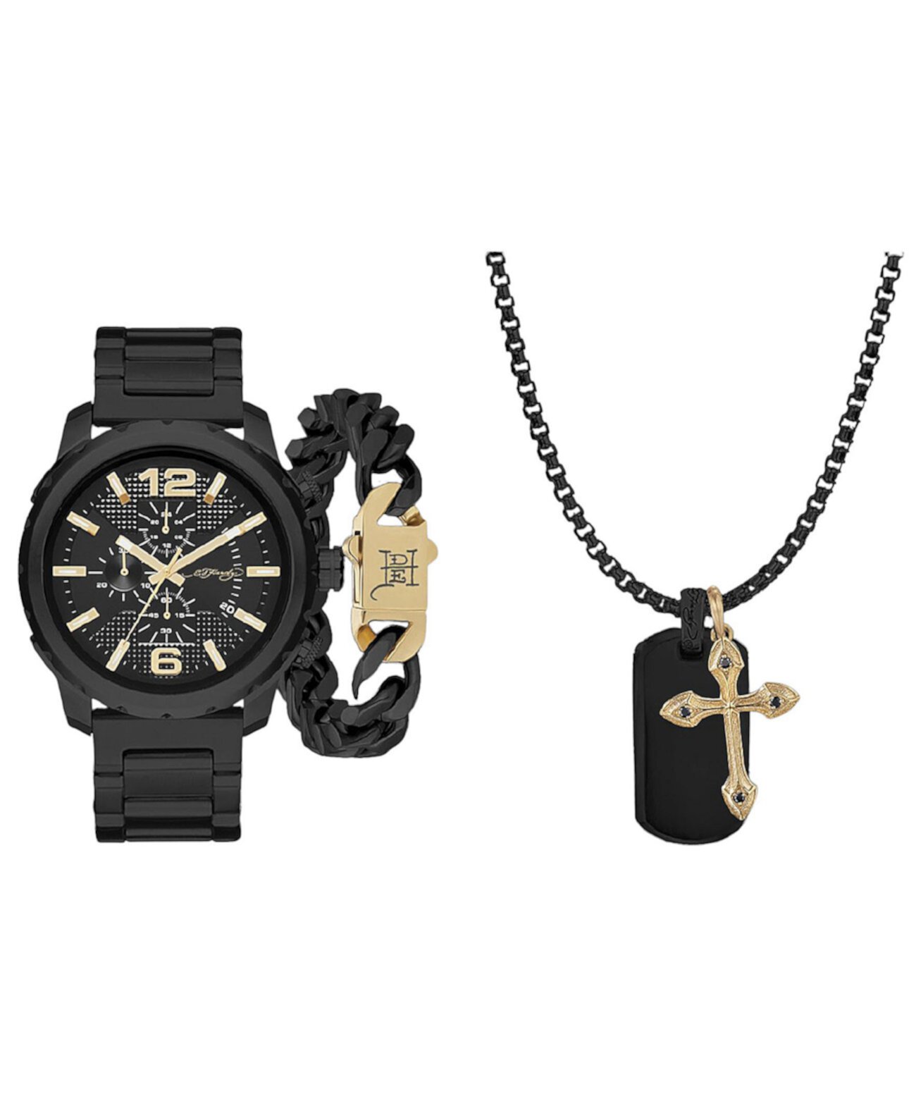 Подарочный набор мужских часов с матовым черным металлическим браслетом 50 мм Ed Hardy