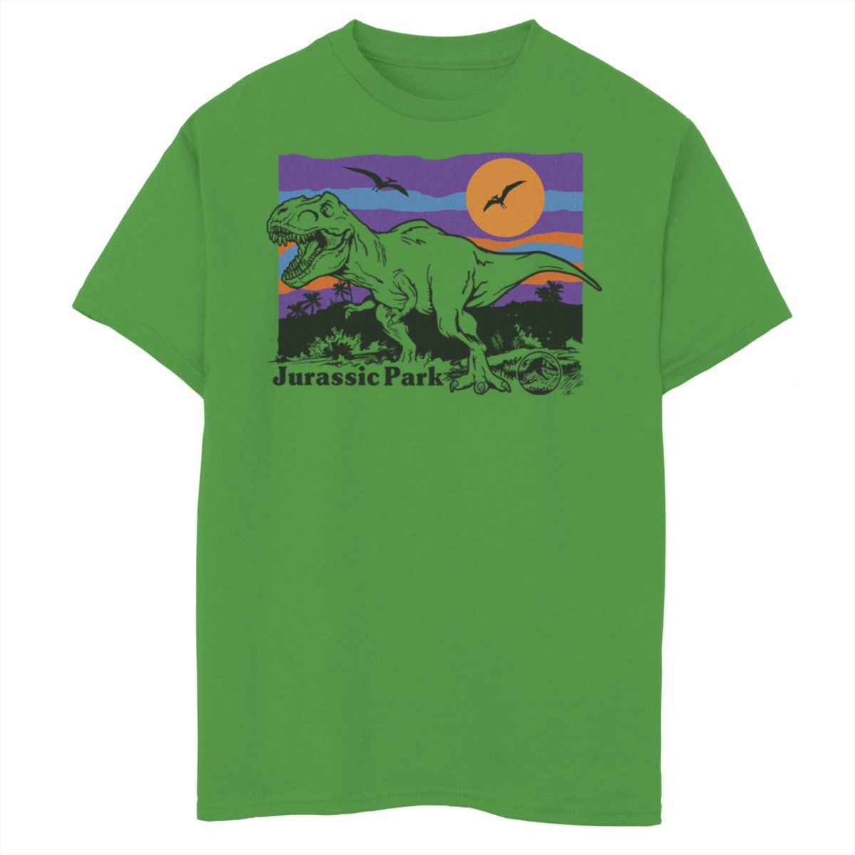 Футболка с логотипом и графическим рисунком «Парк Юрского периода» для мальчиков 8–20 лет, красочный закат, тираннозавр, джунгли Jurassic Park