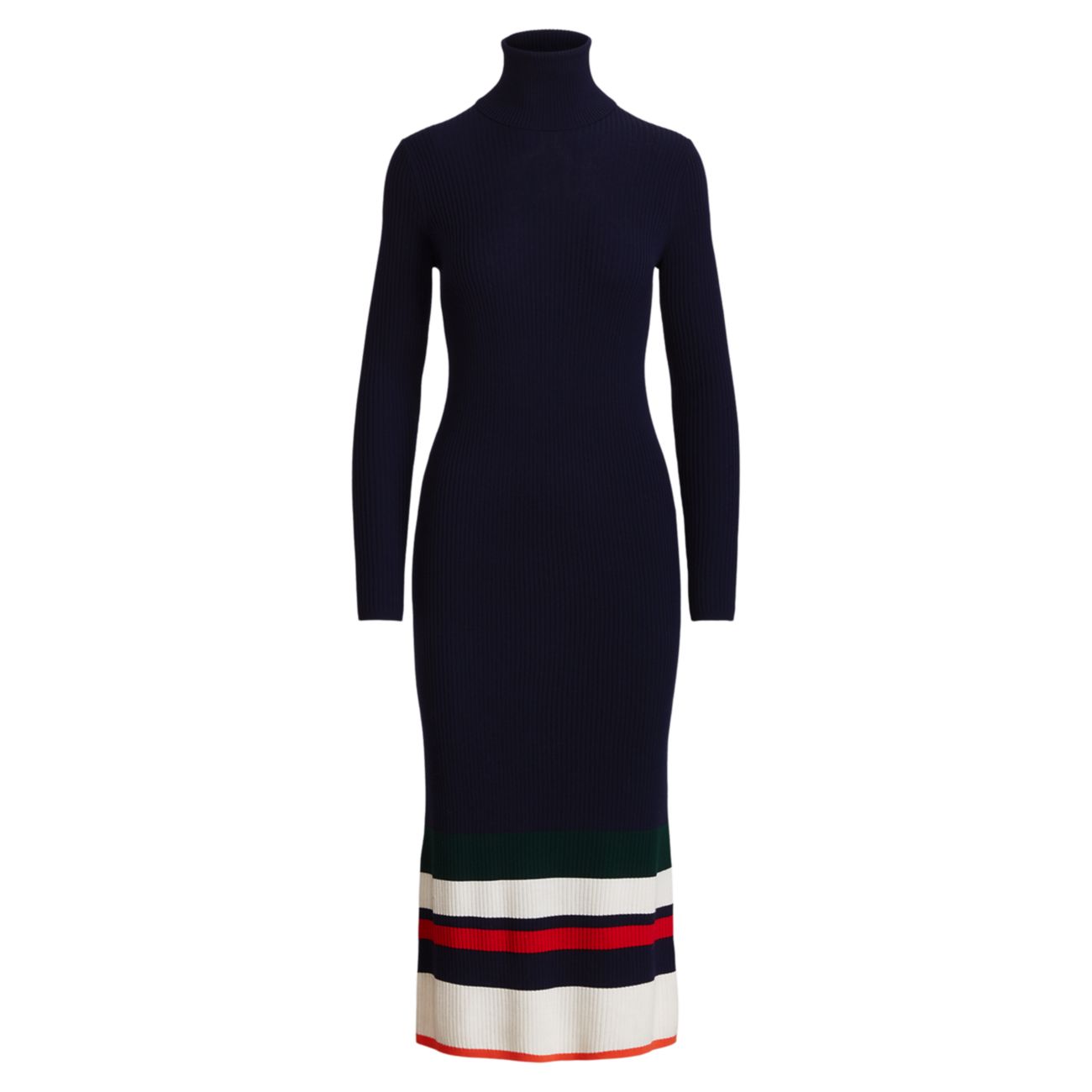 Полосатое шерстяное вязаное в рубчик повседневное платье с высоким воротником Polo Ralph Lauren