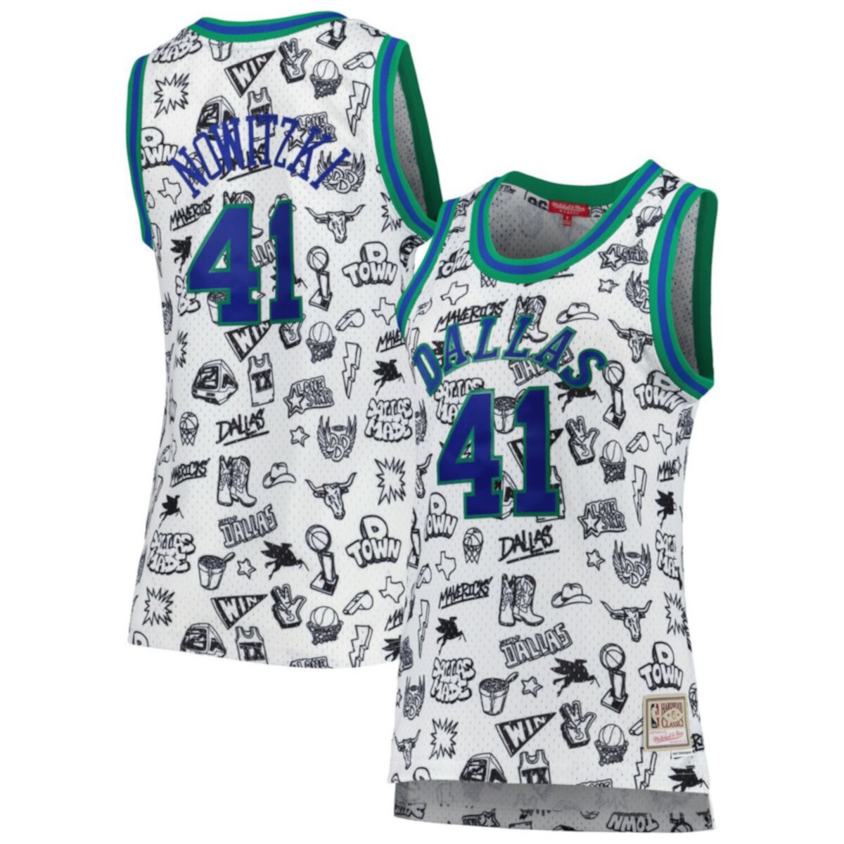 Женские Mitchell &amp; Несс Дирк Новицки Уайт Даллас Маверикс 1998 Doodle Swingman Джерси Mitchell & Ness