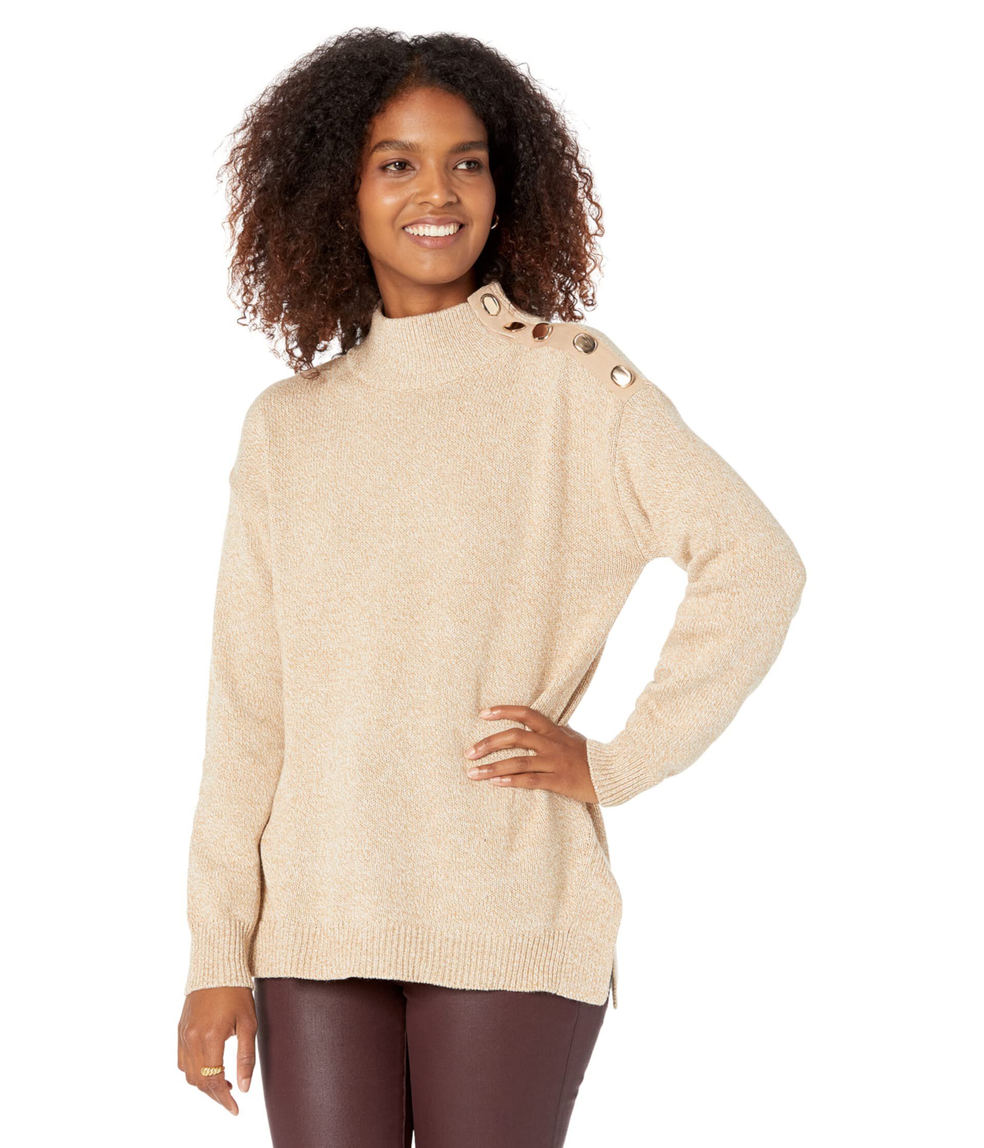 Need For Tweed Mock Neck Sweater with Button Detail On Shoulder Elliott Lauren