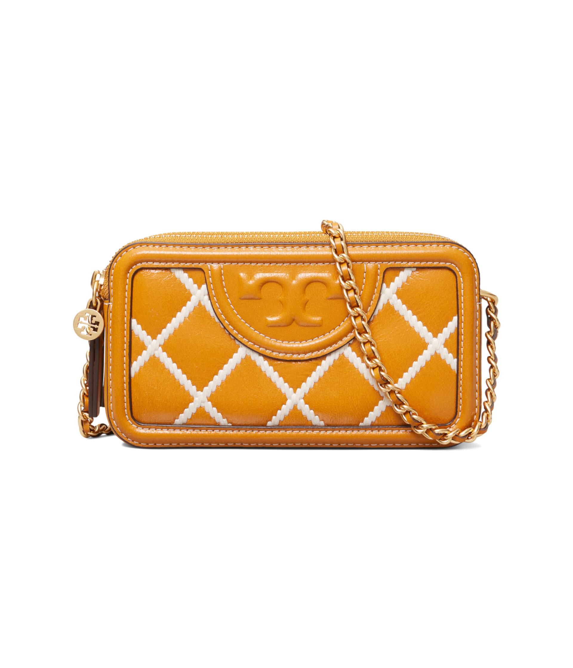 Кожаная мини-сумка с двойной молнией и боковым ремнем, ширина 7 дюймов Tory Burch