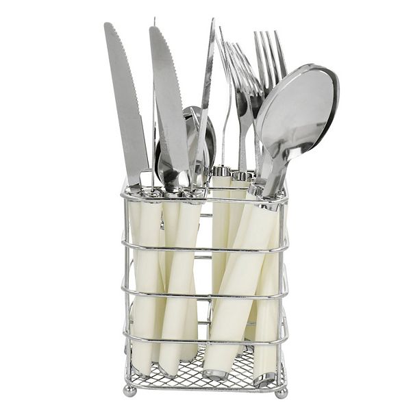 Gibson Everyday Fairfield 16 Piece Flatware Set with Wire Caddy in Egg Shell Gibson Everyday