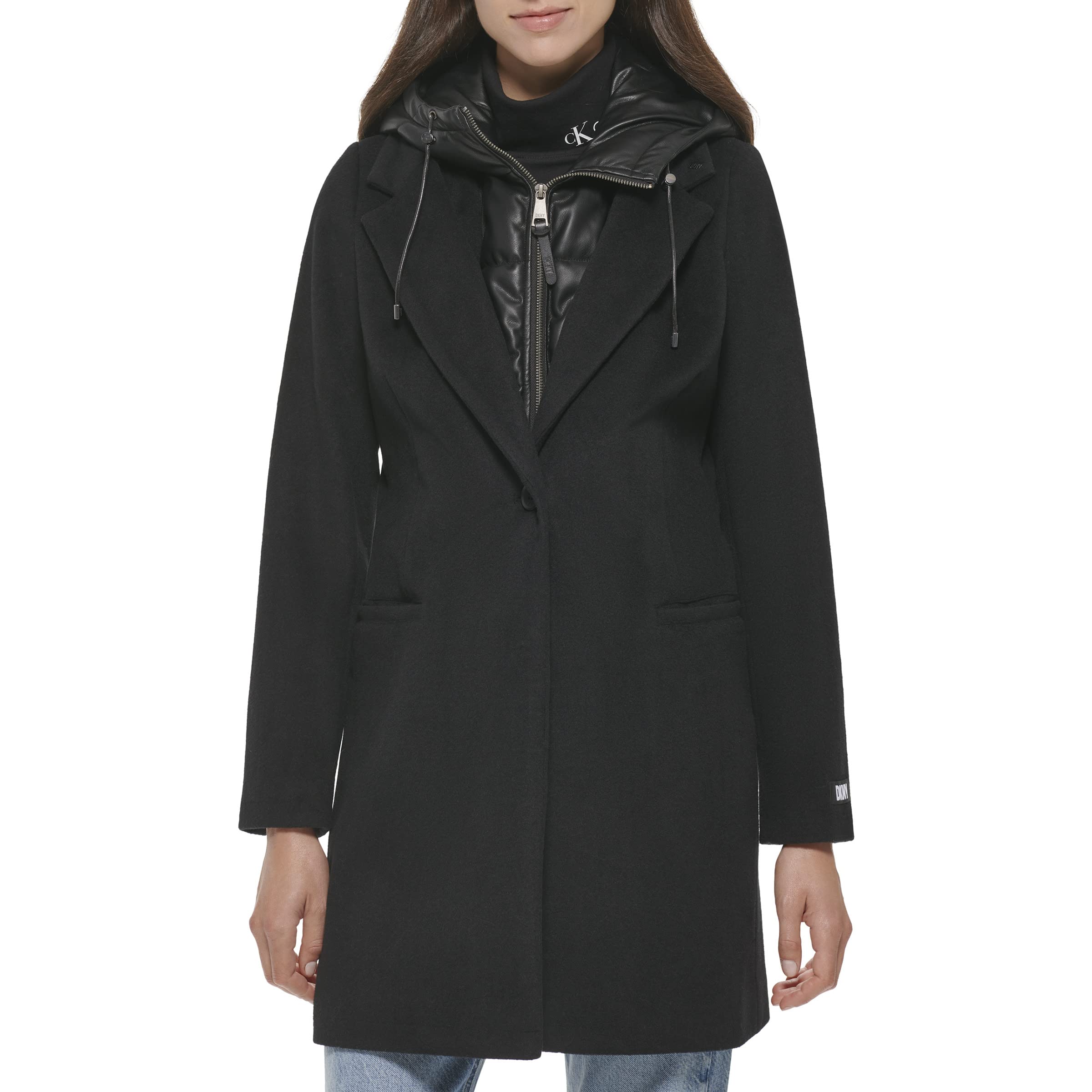 Шерстяное пальто с нагрудником из искусственной кожи DKNY