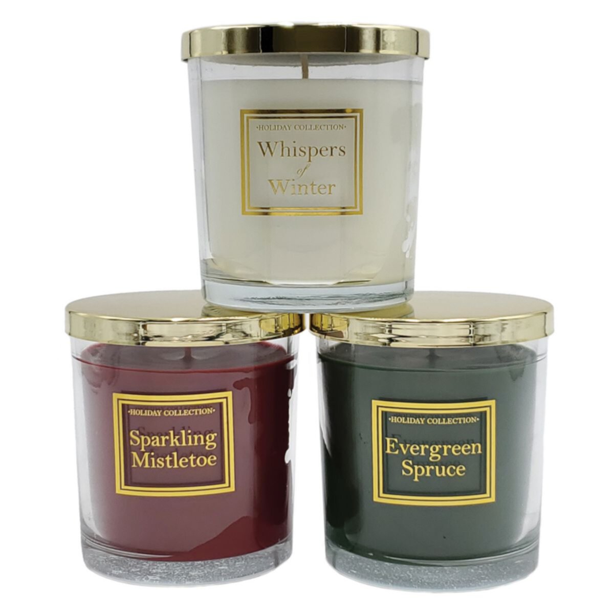 Holiday Home Collection Whispers of Winter, Sparkling Mistletoe, & Evergreen Spruce Candle Jar 3-piece Set LumaBase