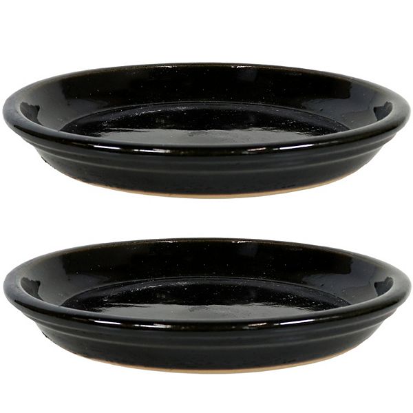 Sunnydaze Glazed Ceramic Planter Saucers - 9&#34; - Obsidian - Set of 2 Sunnydaze Decor