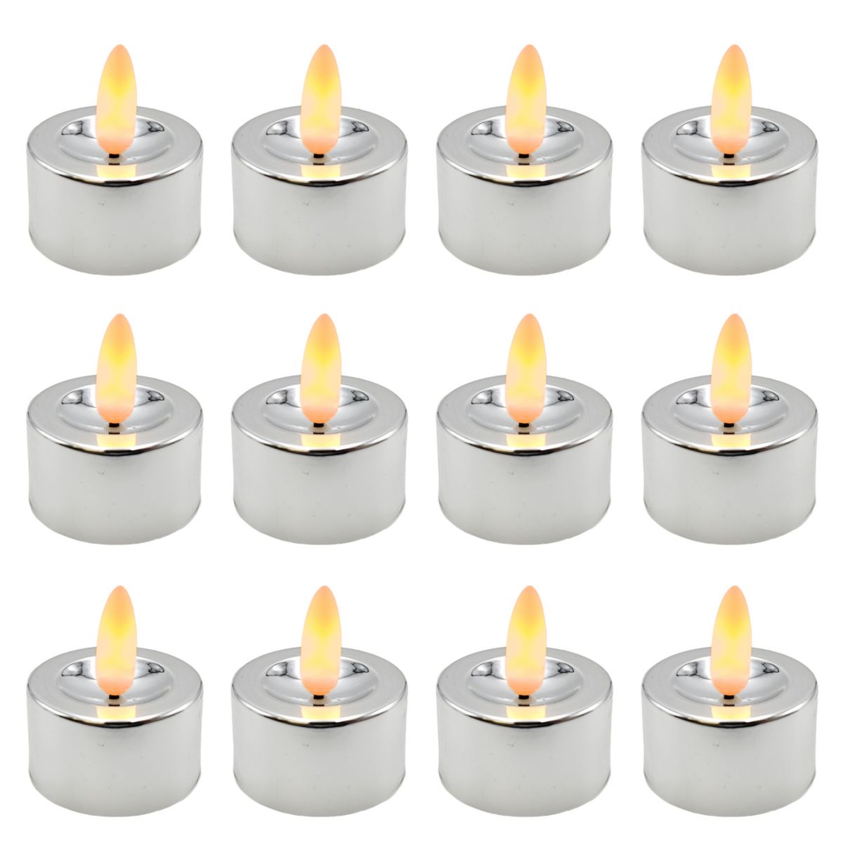 Battery Operated 3-D Wick Flame Silver Finish Tea Light 12-piece Set LumaBase