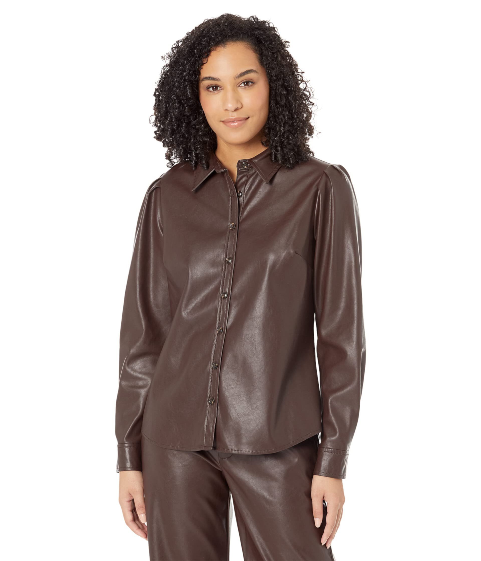 Henrietta-Faux Leather Long Sleeve Button-Down w/ Pleated Sleeve KUT from the Kloth