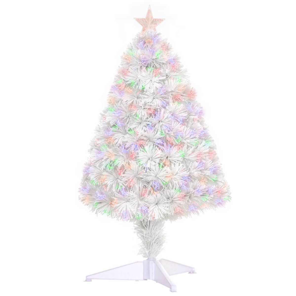 HOMCOM 2 ft Tall Pre Lit Douglas Fir Tabletop Artificial Christmas Tree with Realistic Branches Fiber Optic LED Lights and 85 Tips White HomCom