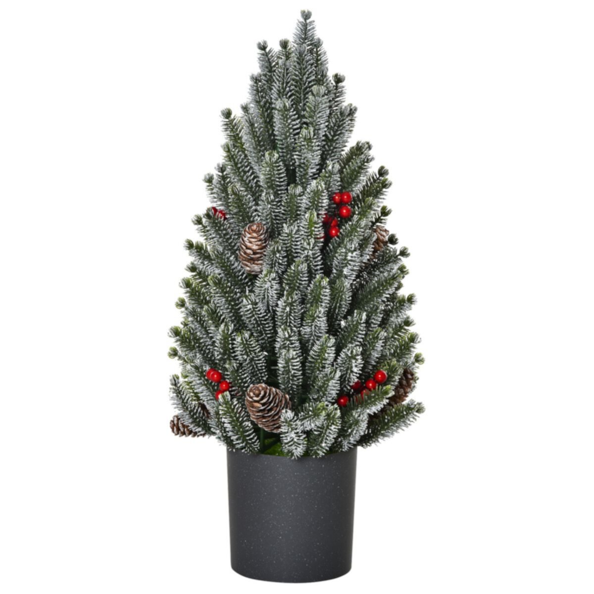 HOMCOM 18&#34; Tall Unlit Miniature Snow Flocked Tabletop Artificial Christmas Tree Holiday Decoration with Pine Cones and Berries HomCom