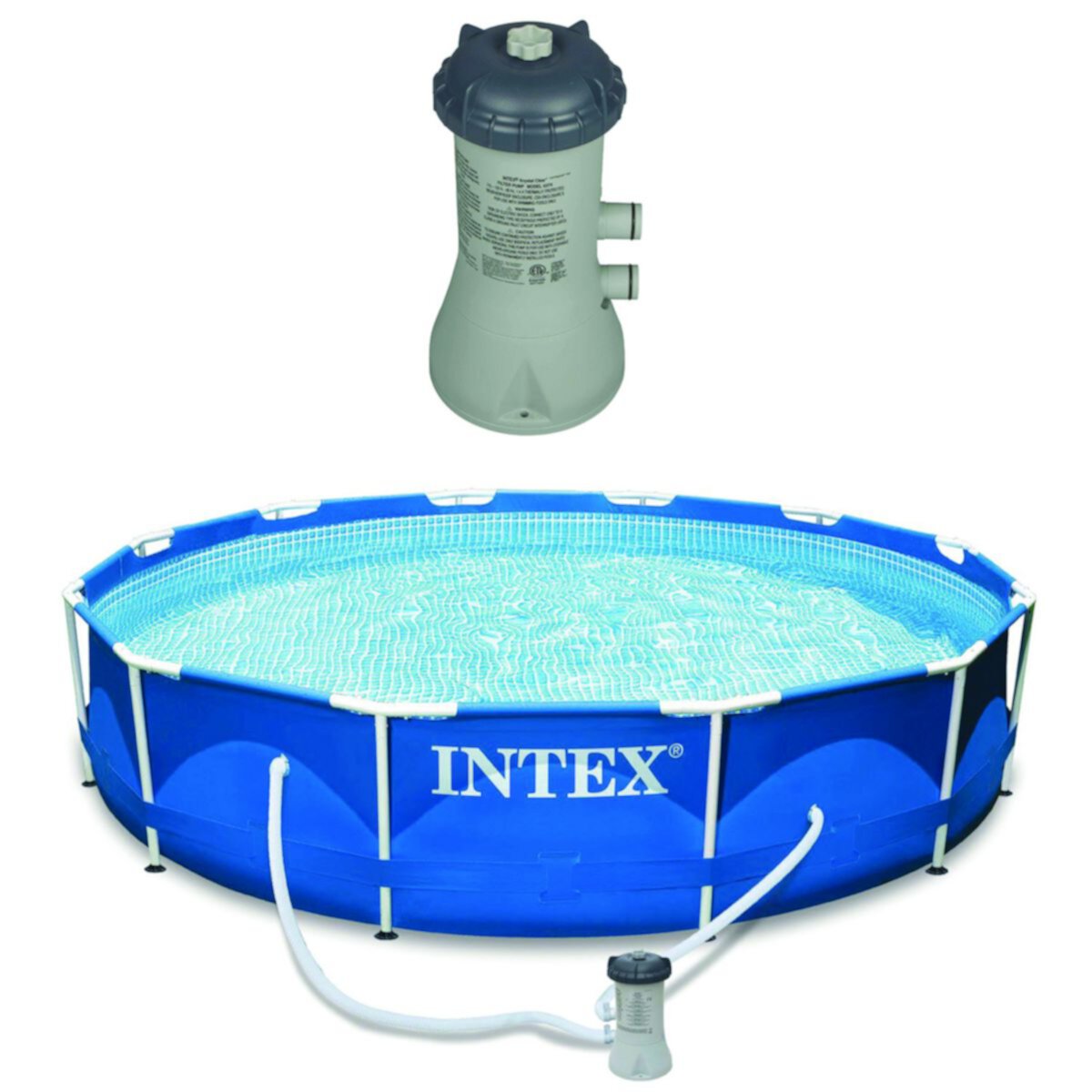 Intex 12x2.5 Ft Metal Frame Pool w/ Intex Swimming Pool Filter Pump System Intex