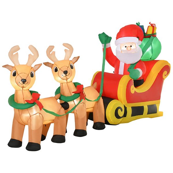 HOMCOM 8ft Long Christmas Inflatable Santa Claus with Sleigh and Reindeer Outdoor Blow Up Yard Decoration with LED Lights Display HomCom