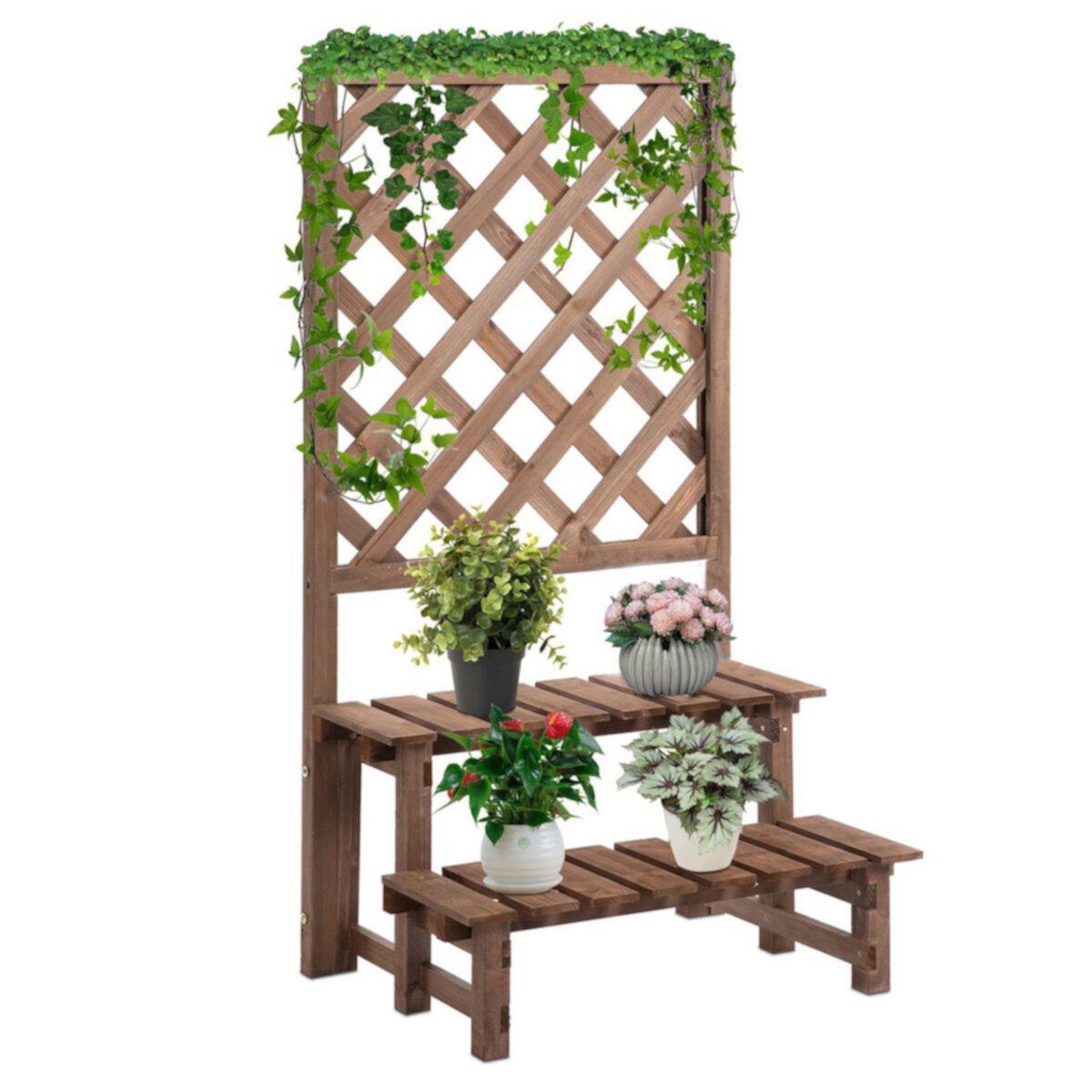 Outsunny 2 Tier Wooden Garden Elevated Plant Stand Display Free Standing Flower Pot Rack with Climbing Vine Trellis for the Backyard Brown Outsunny