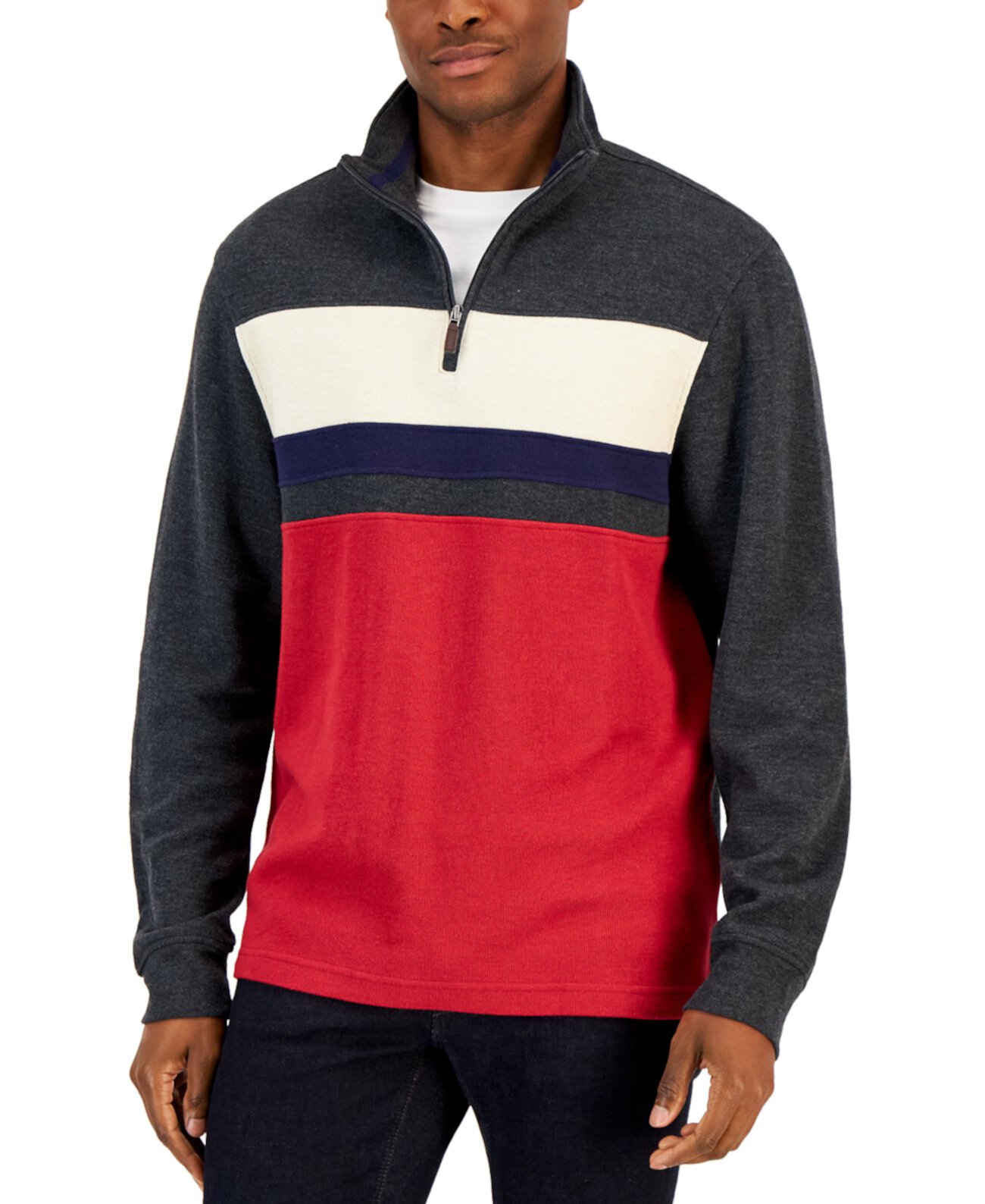 Мужской свитер с цветными блоками в французскую резинку и молнией на четверть, созданный для Macy's Club Room